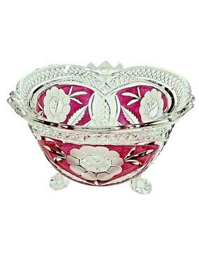 Lead Crystal Clear Rose Etched Red Bohemian Glass Bowl Decorative Footed